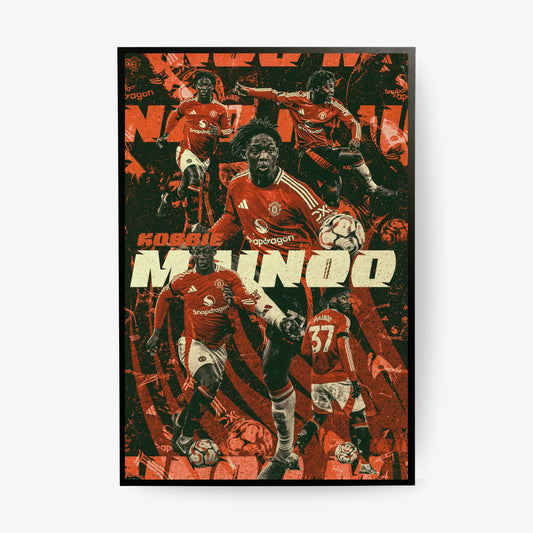 Framed Kobbie Mainoo football poster in vintage red and green tones featuring multiple action shots of the Manchester United player.