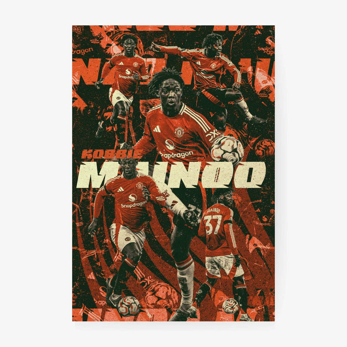 Kobbie Mainoo football poster in vintage red and green design, showing dynamic plays in a collage format.