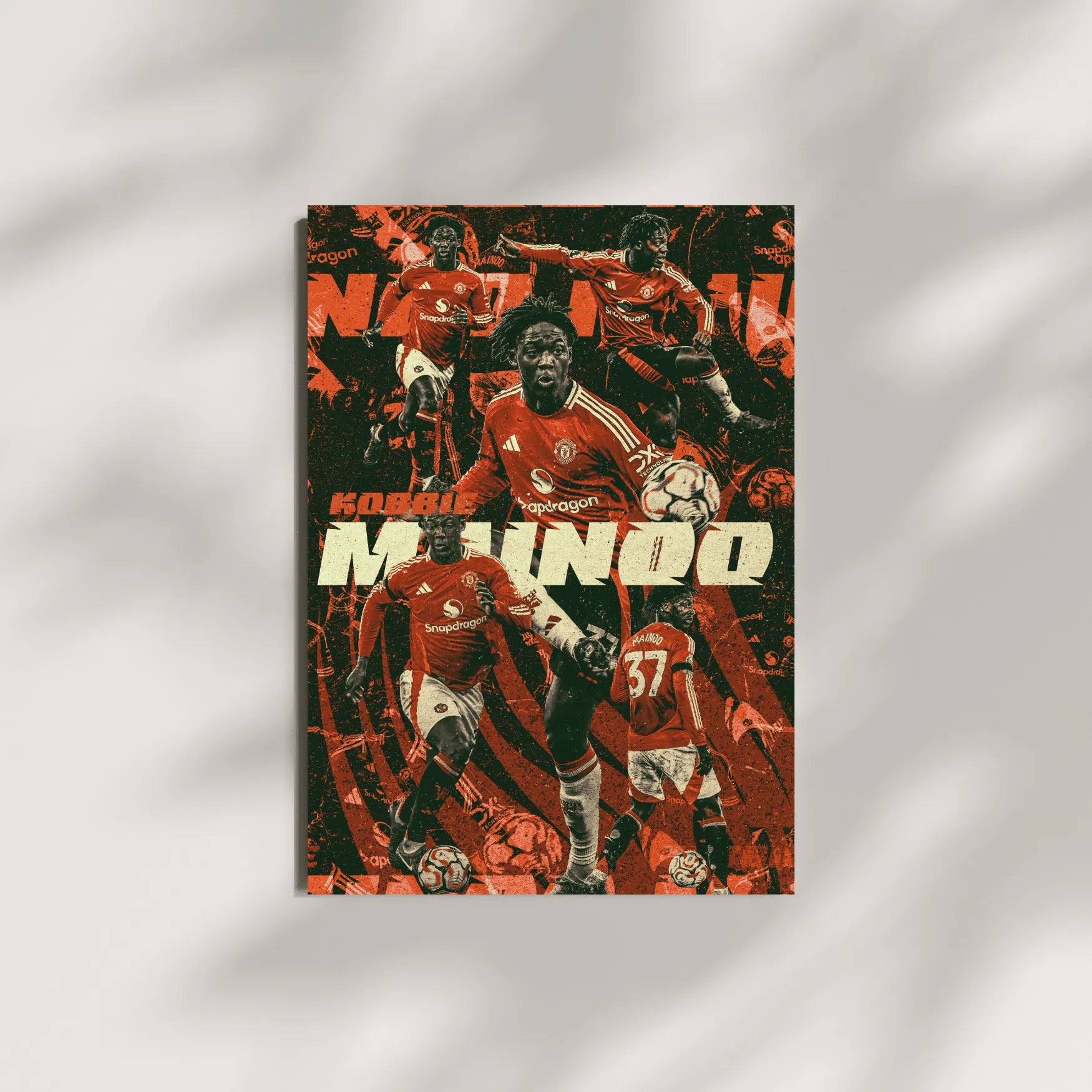 Kobbie Mainoo football poster mockup on a minimal background with light shadows.