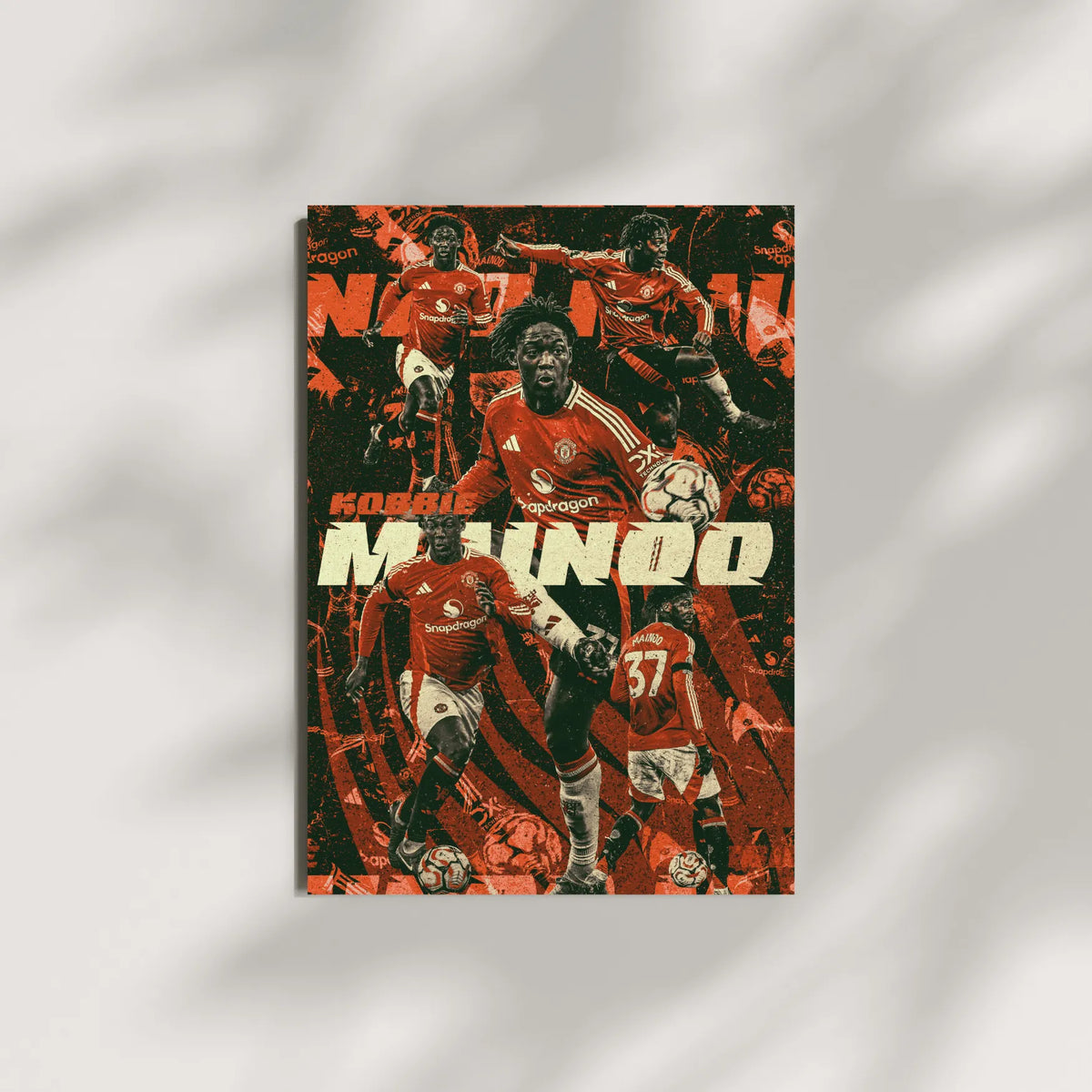 Kobbie Mainoo football poster mockup on a minimal background with light shadows.