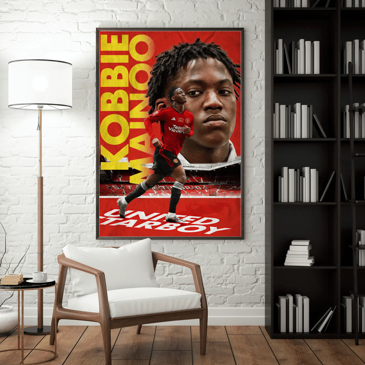 Kobbie Mainoo Manchester United football poster mockup on wall