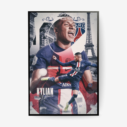 Kylian Mbappe football poster in a black frame featuring his Paris Saint-Germain era