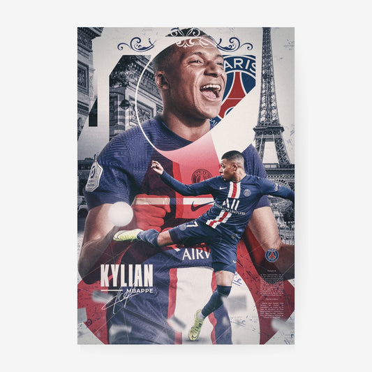 Kylian Mbappe football poster featuring PSG action and Paris inspired artwork