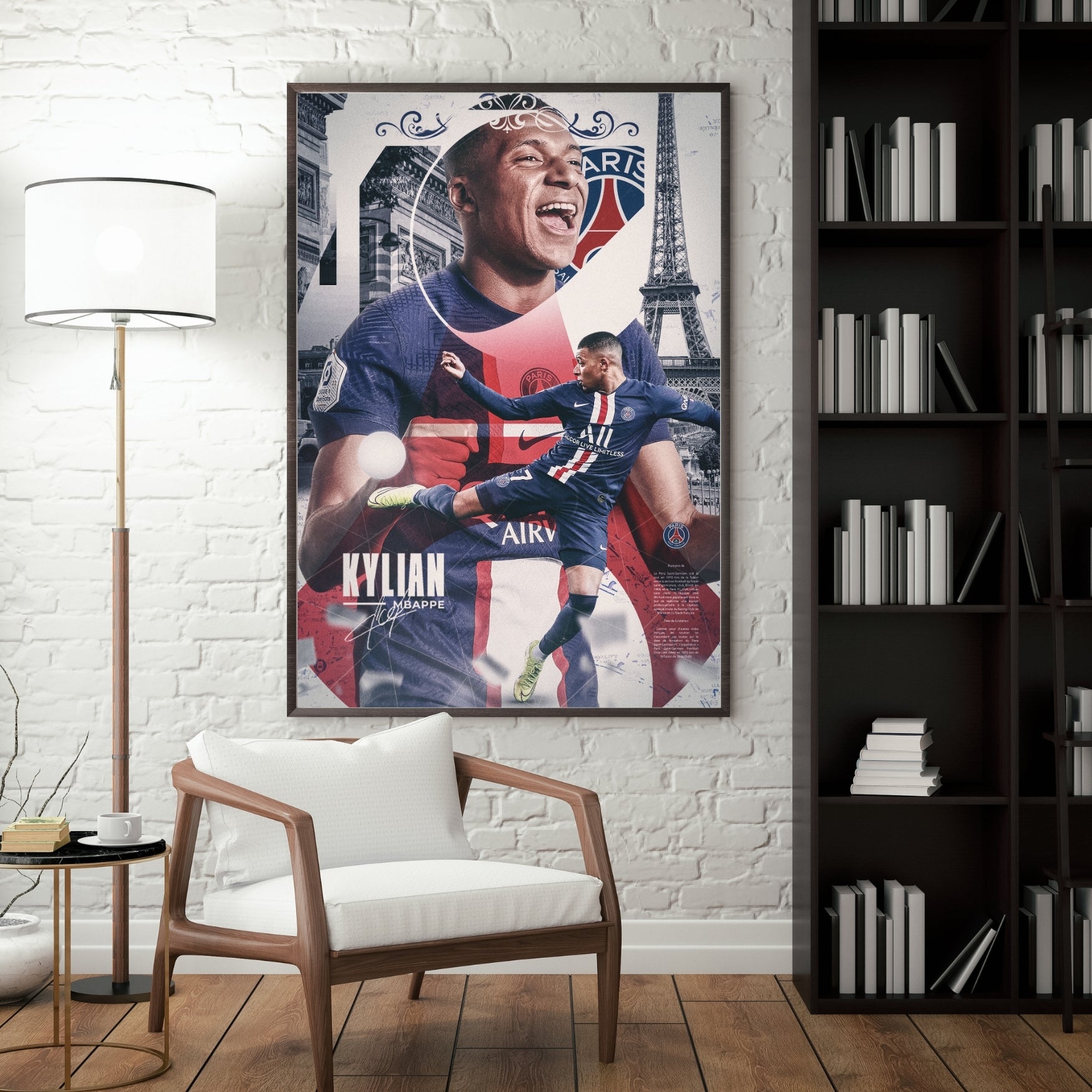 Kylian Mbappe football poster displayed in a modern interior with a dark frame