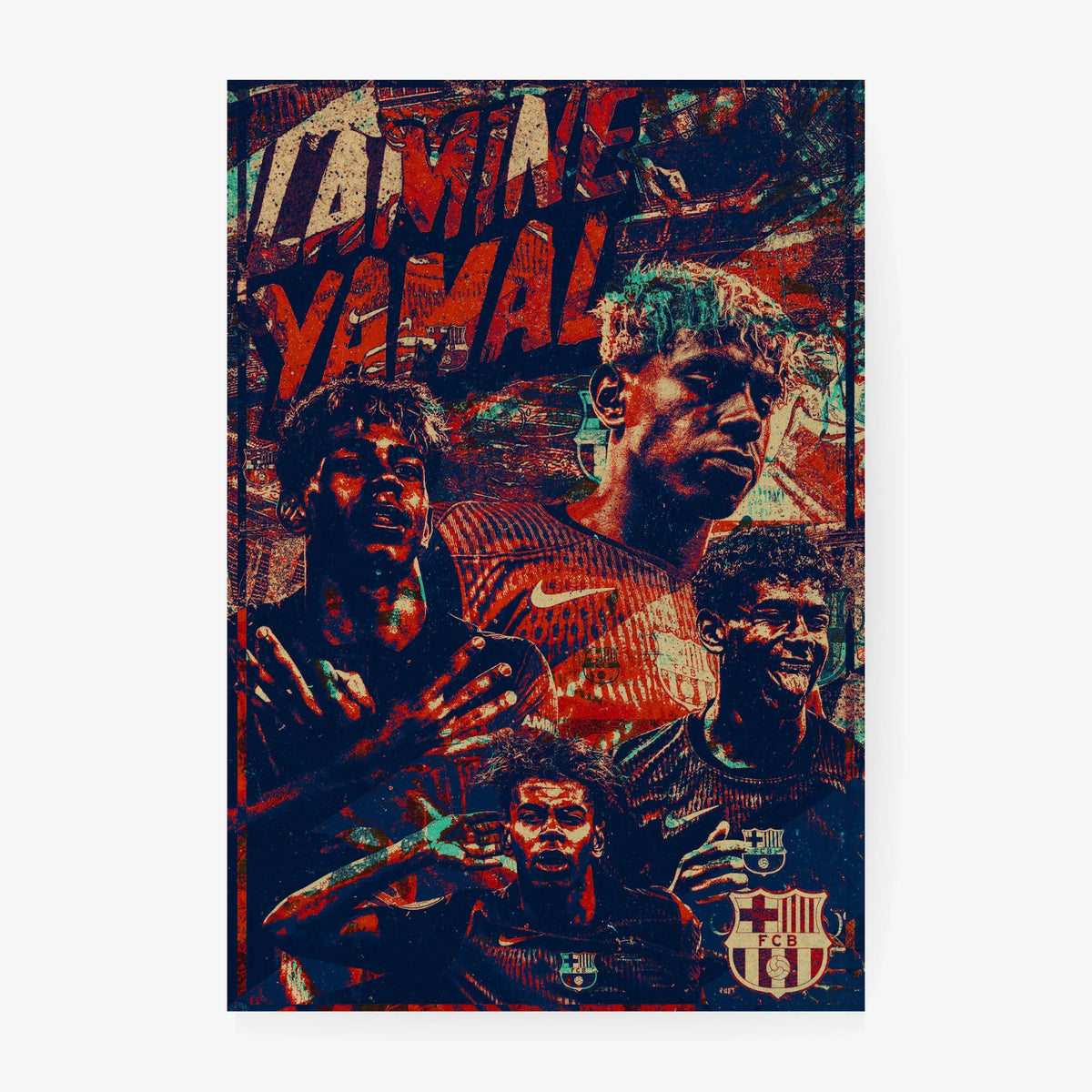 Dynamic Lamine Yamal FC Barcelona wall art print with textured red and beige tones