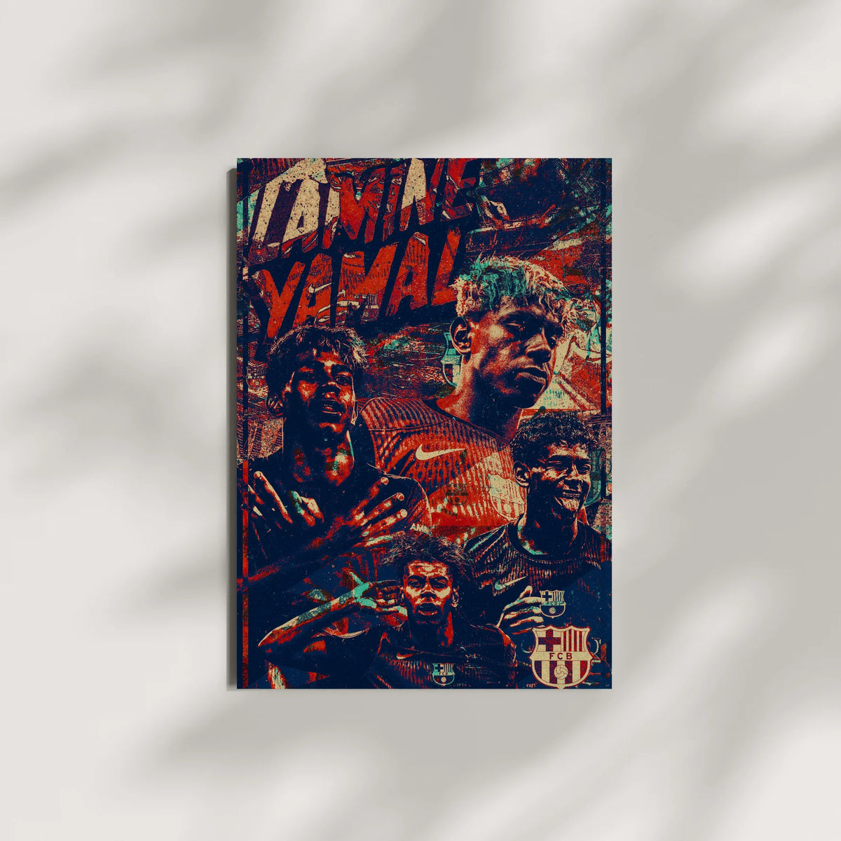 Poster of Lamine Yamal in Barcelona kit displayed with soft shadows on white background