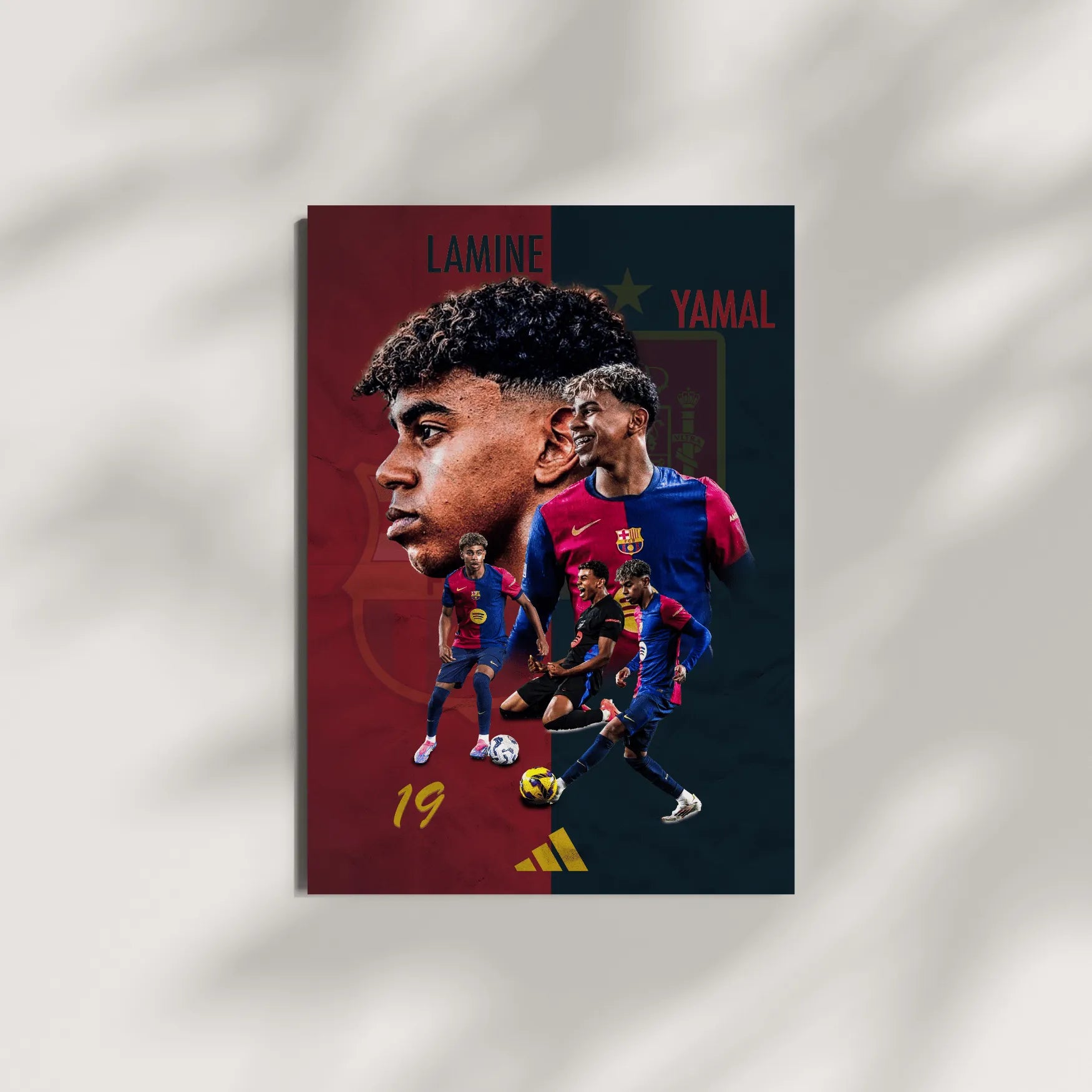 Lamine Yamal Barcelona FC poster mockup with soft shadow background
