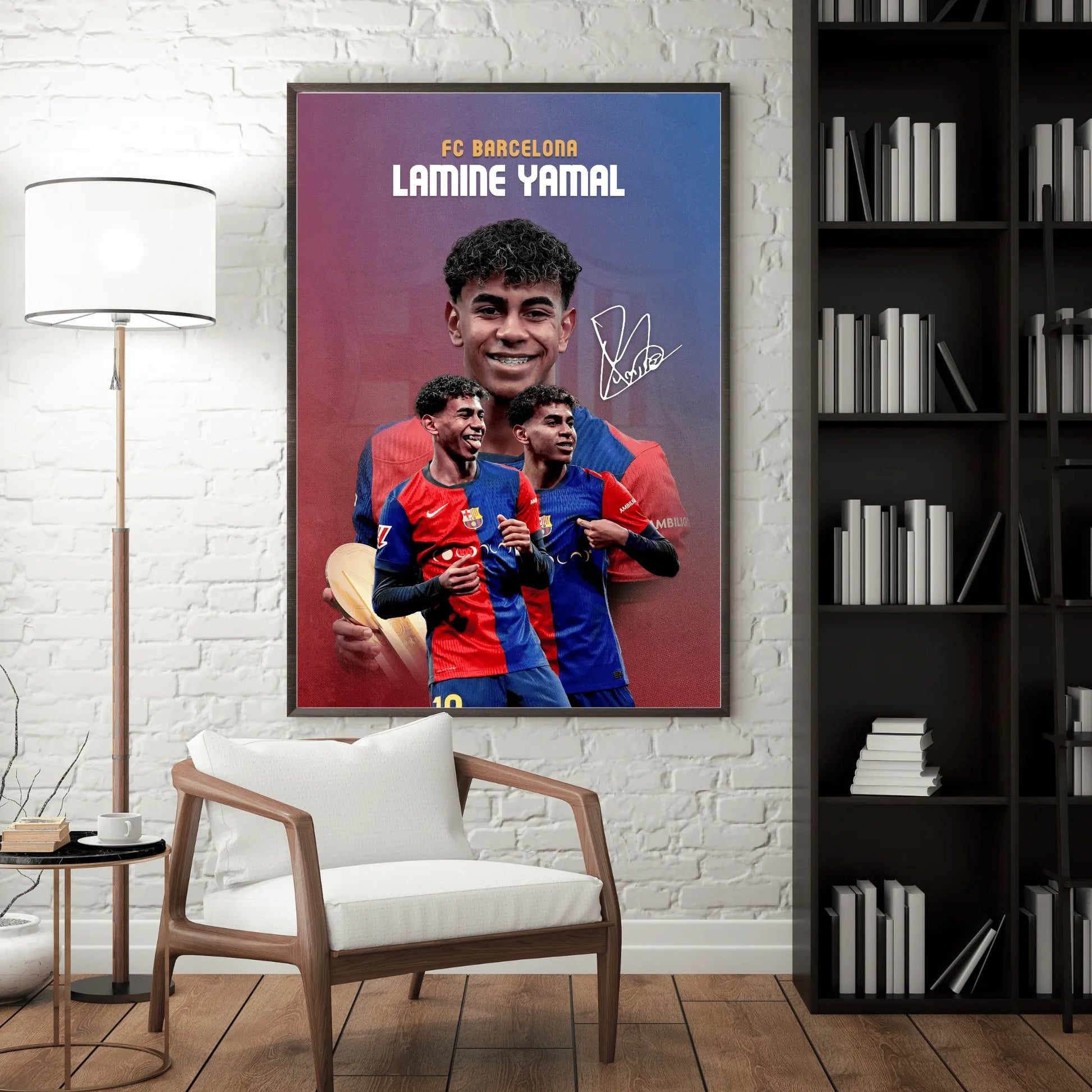 Mockup of Lamine Yamal Barcelona football poster on wall