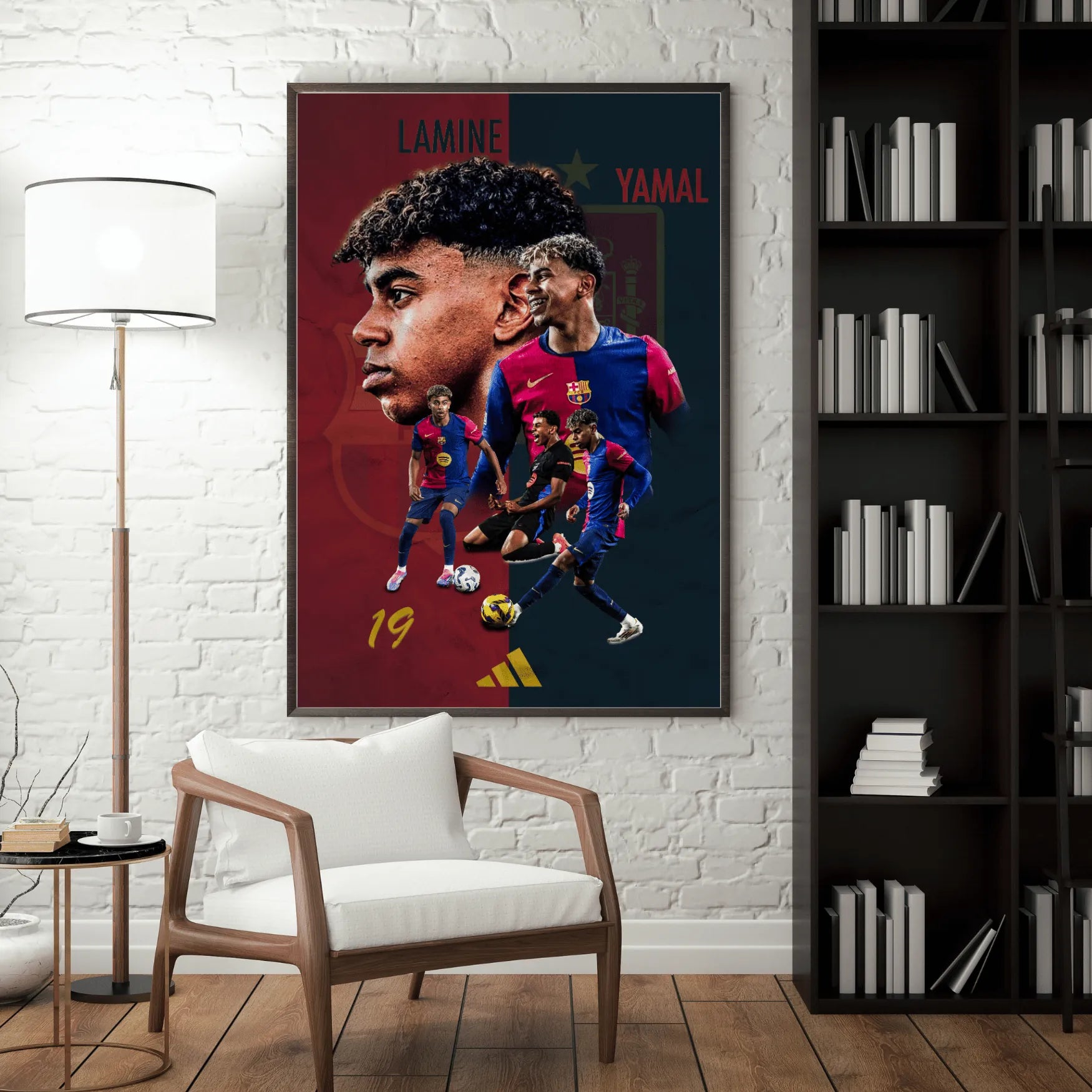 Lamine Yamal Barcelona FC poster wall display in a modern interior room 
