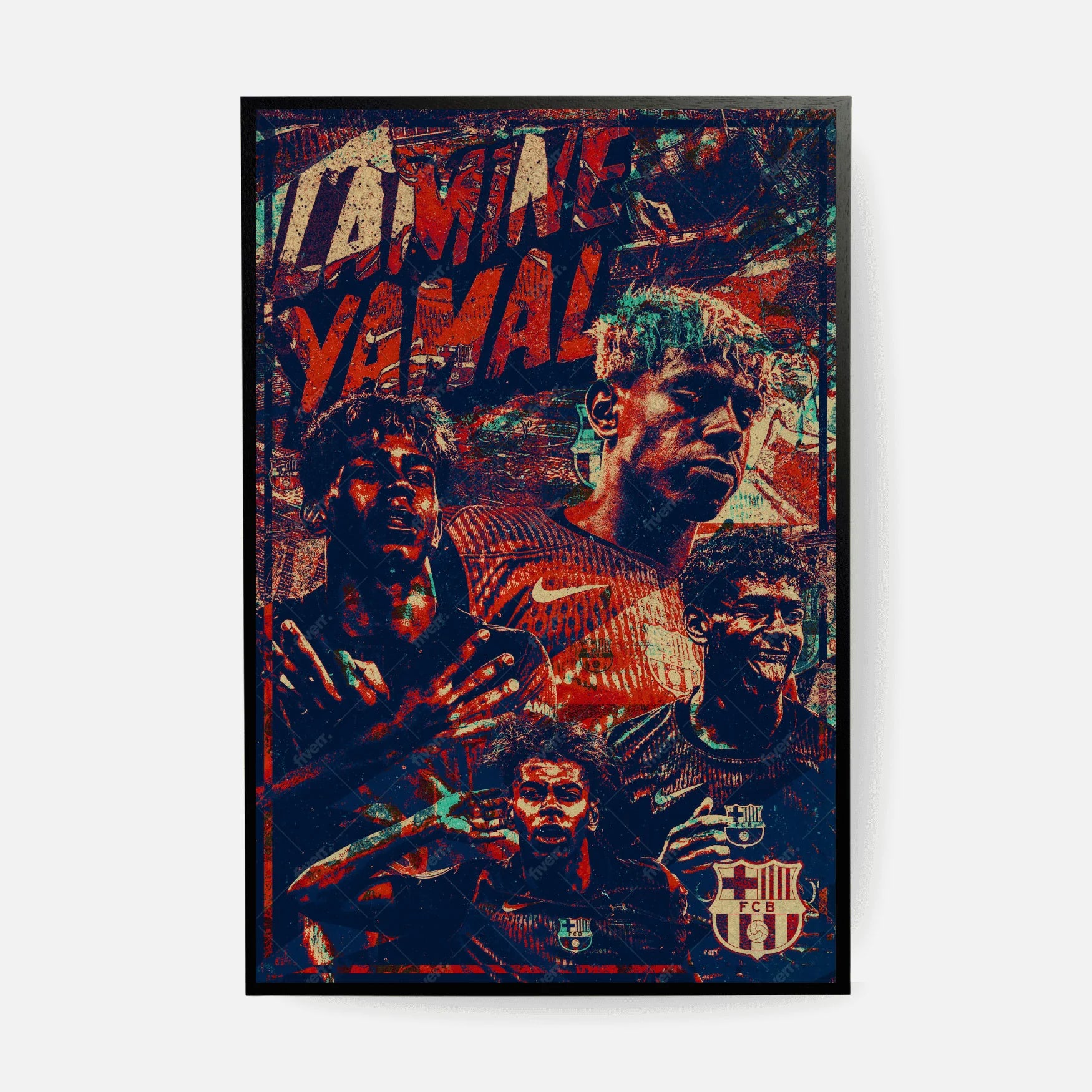 Artistic poster of Lamine Yamal in FC Barcelona kit, collage style with bold typography