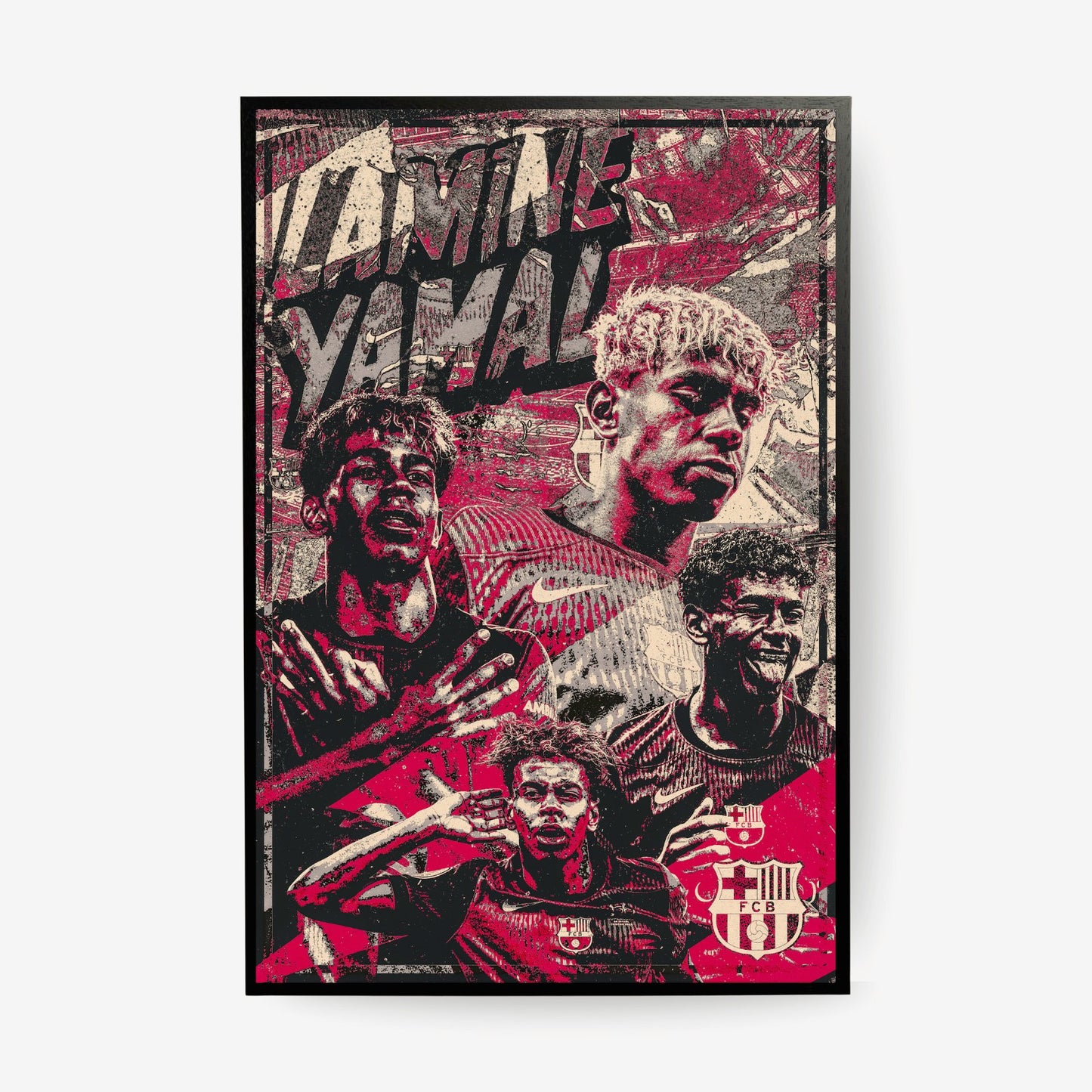 Art poster of Lamine Yamal in FC Barcelona kit with bold red and black design