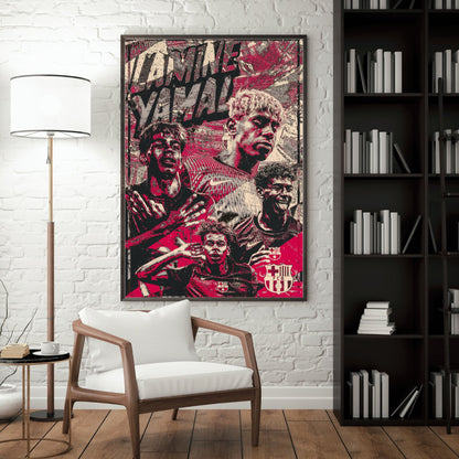 Framed Lamine Yamal football poster displayed in modern living room
