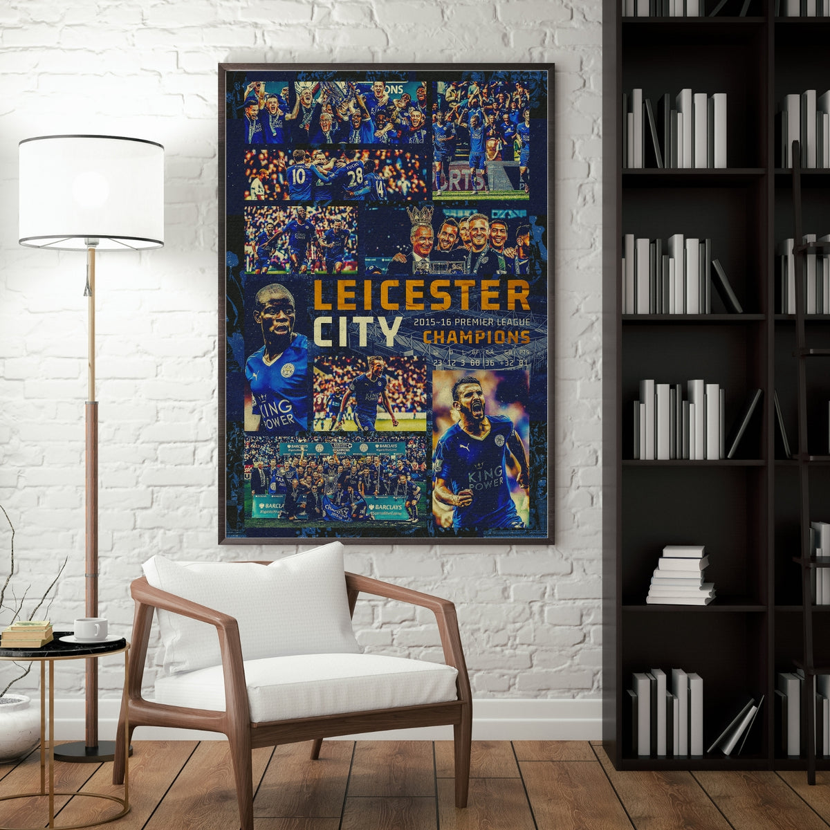 Leicester City 2015/16 Premier League champions football poster displayed in a modern interior
