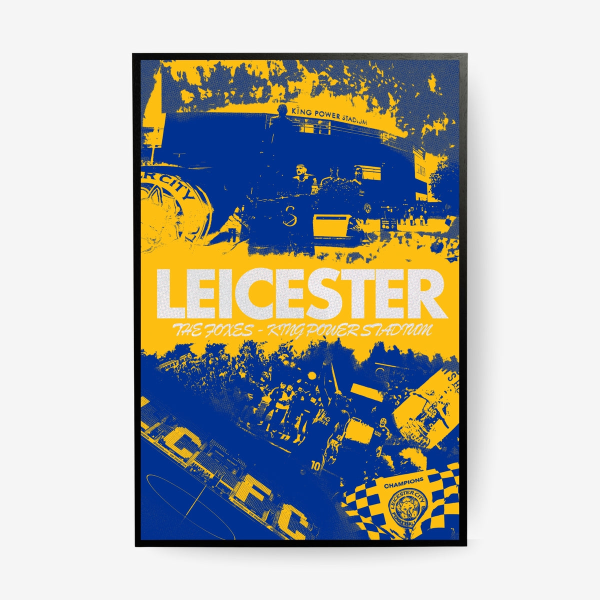 Leicester City football poster in blue and yellow displayed in a black frame