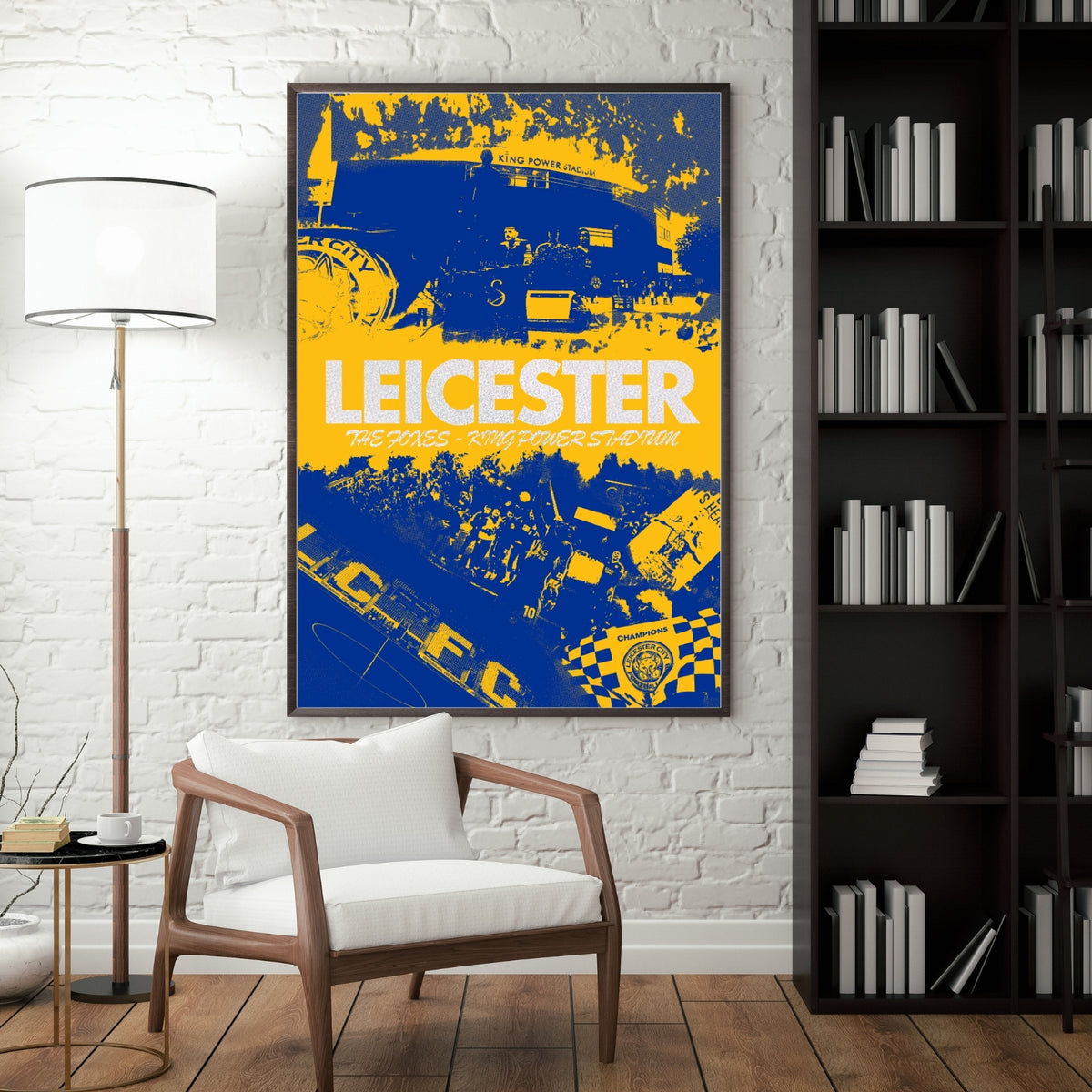 Leicester City poster displayed as framed football wall art in a modern interior