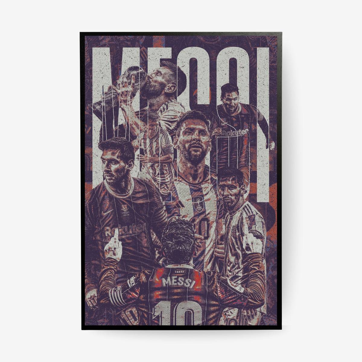 Lionel Messi football poster in a black frame featuring iconic moments from his Barcelona and Argentina career in a vintage collage design