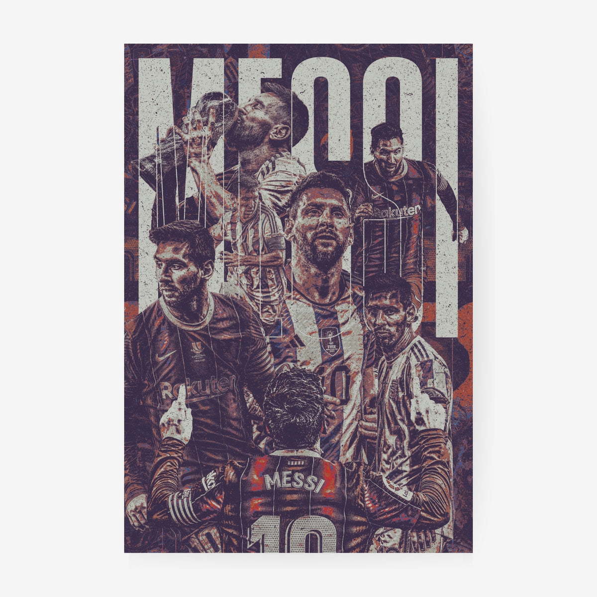 Lionel Messi football poster featuring iconic moments from his Barcelona and Argentina career in a vintage distressed collage design