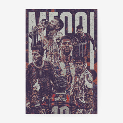 Lionel Messi football poster featuring iconic moments from his Barcelona and Argentina career in a vintage distressed collage design