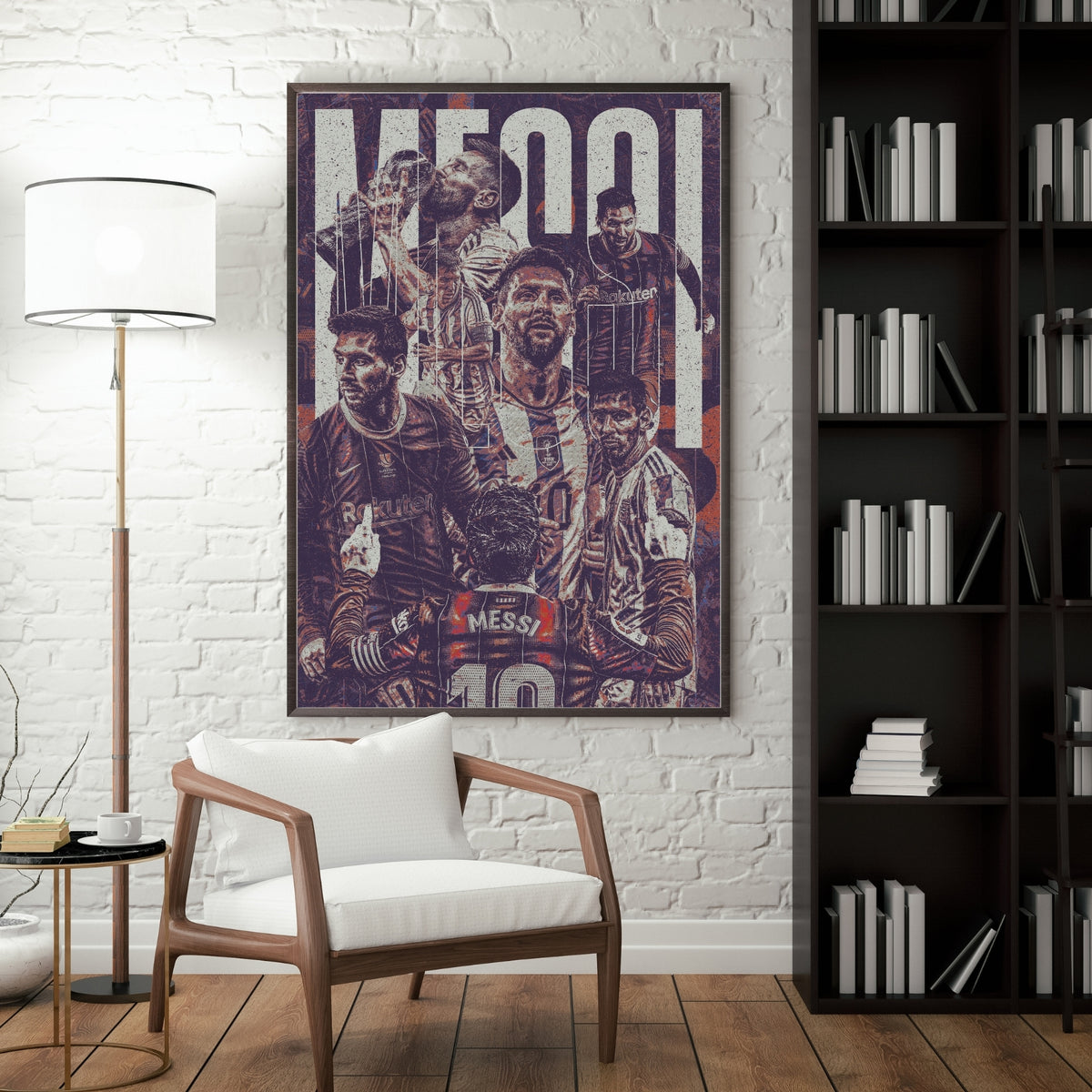 Lionel Messi football poster displayed in a modern interior featuring iconic moments from his Barcelona and Argentina career