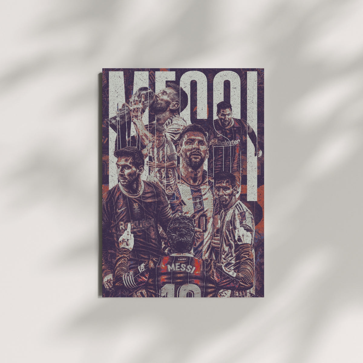 Lionel Messi football wall art featuring a vintage collage of iconic Barcelona and Argentina moments