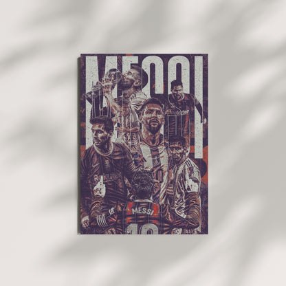 Lionel Messi football wall art featuring a vintage collage of iconic Barcelona and Argentina moments