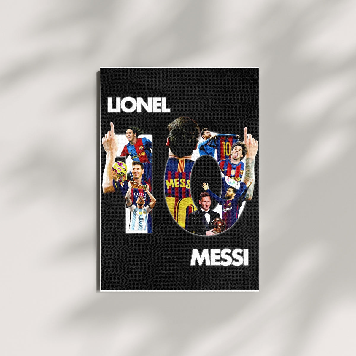 Lionel Messi football poster in a black collage design displayed as wall art