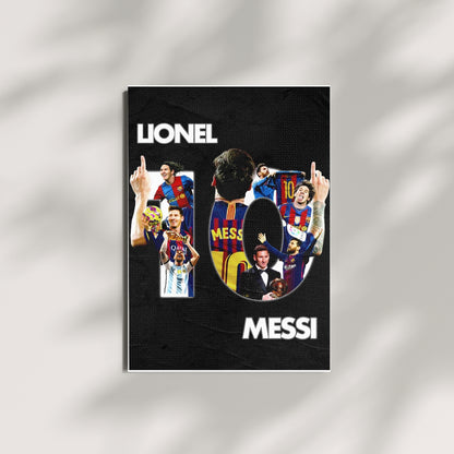 Lionel Messi football poster in a black collage design displayed as wall art