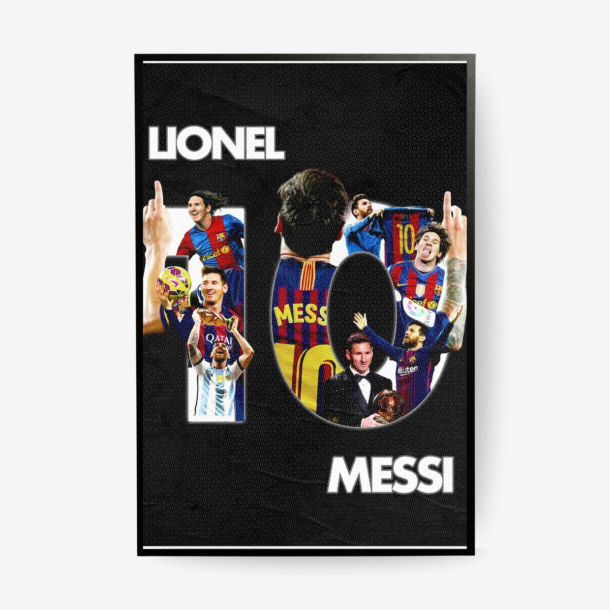 Lionel Messi poster featuring a football career collage with Barcelona and Argentina moments in a black frame