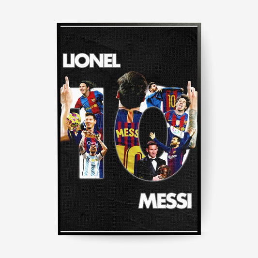 Lionel Messi poster featuring a football career collage with Barcelona and Argentina moments in a black frame