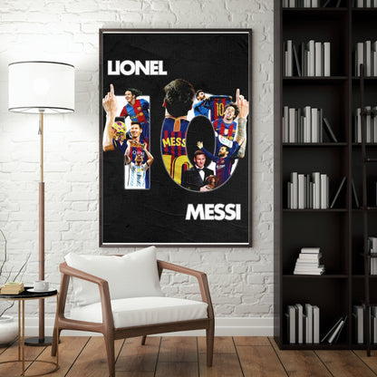 Lionel Messi poster displayed as framed football wall art in a modern room