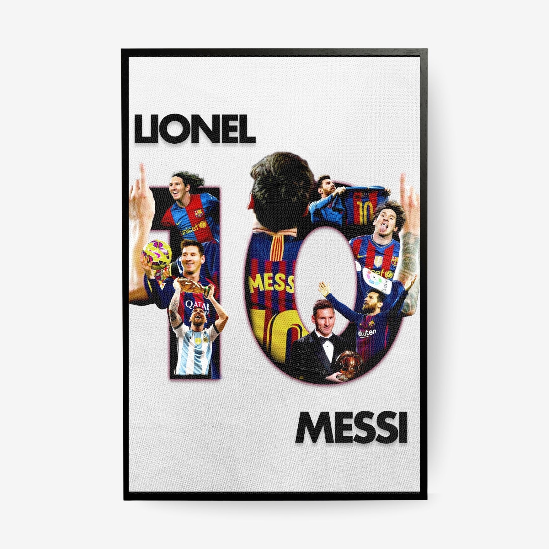 Lionel Messi poster featuring a Barcelona and Argentina career collage on a white background with black frame
