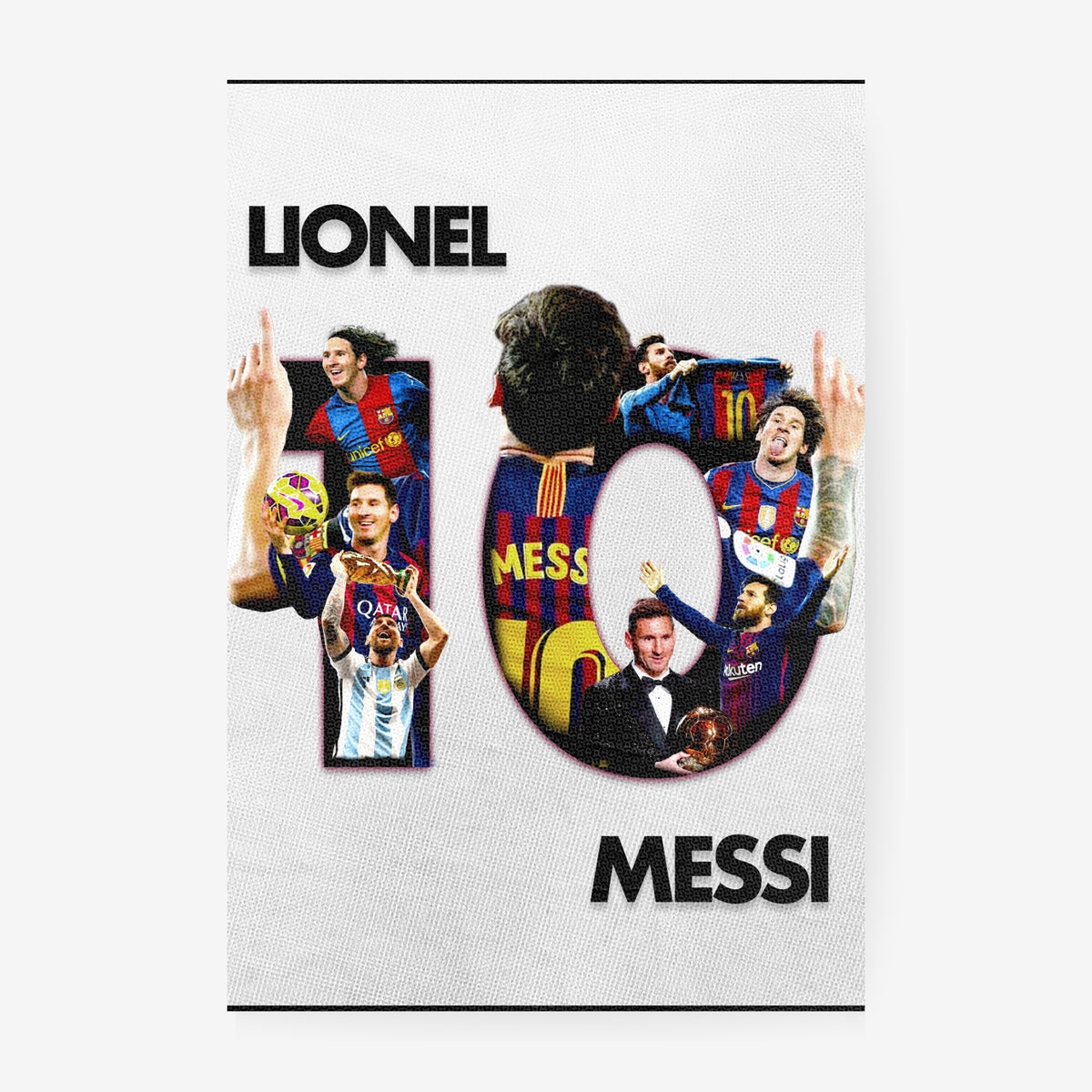 Lionel Messi poster featuring iconic Barcelona and Argentina football moments on a white background