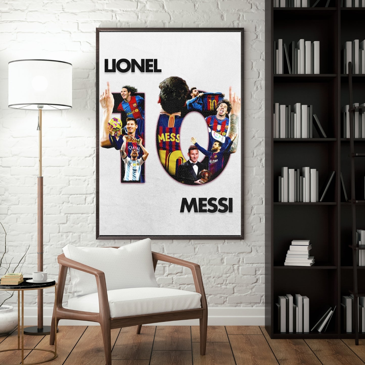 Lionel Messi poster in a white design displayed as framed football wall decor in a modern room