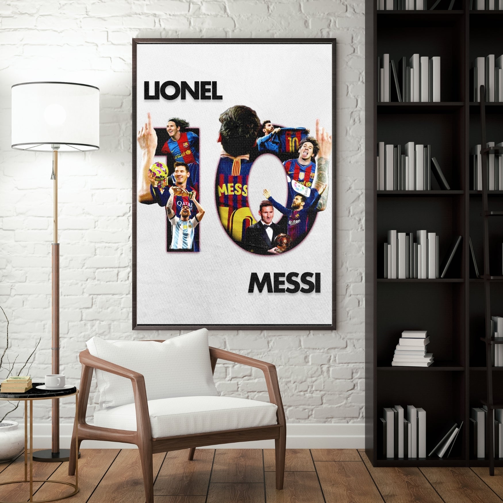 Lionel Messi poster in a white design displayed as framed football wall decor in a modern room
