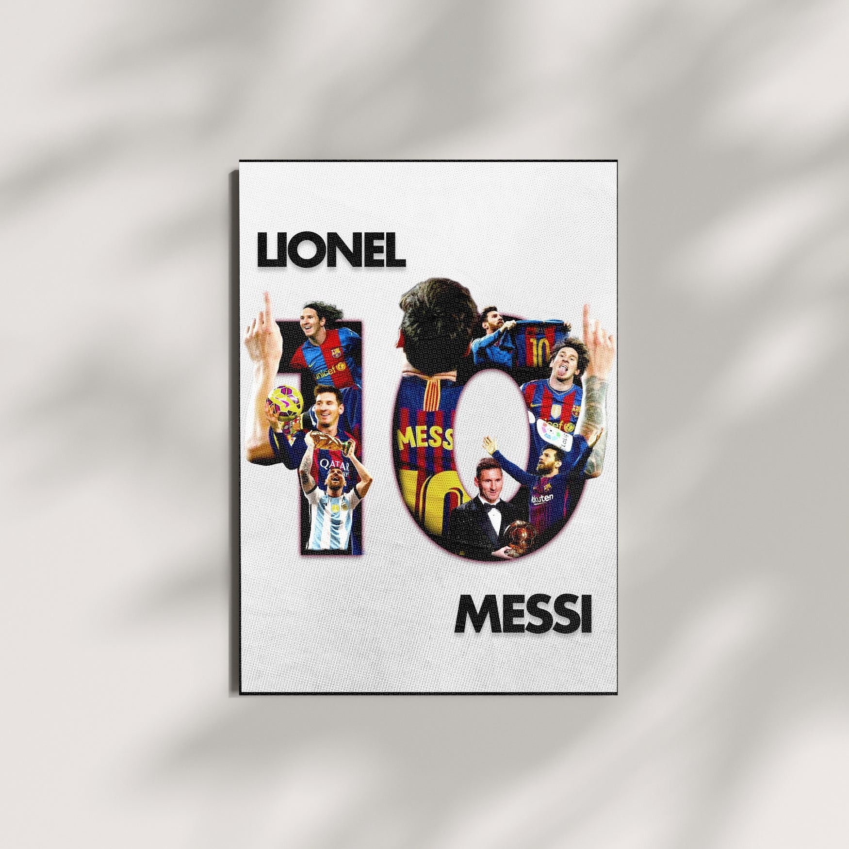 Lionel Messi football poster in a white collage design displayed as wall art