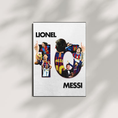 Lionel Messi football poster in a white collage design displayed as wall art
