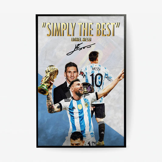 Lionel Messi poster mockup featuring "Simply the Best" design with Argentina jersey and World Cup trophy
