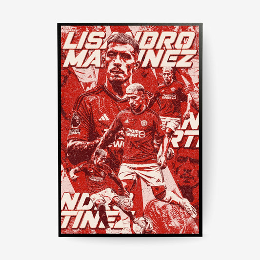 Lisandro Martinez Manchester United poster in a black frame featuring a bold red football collage design