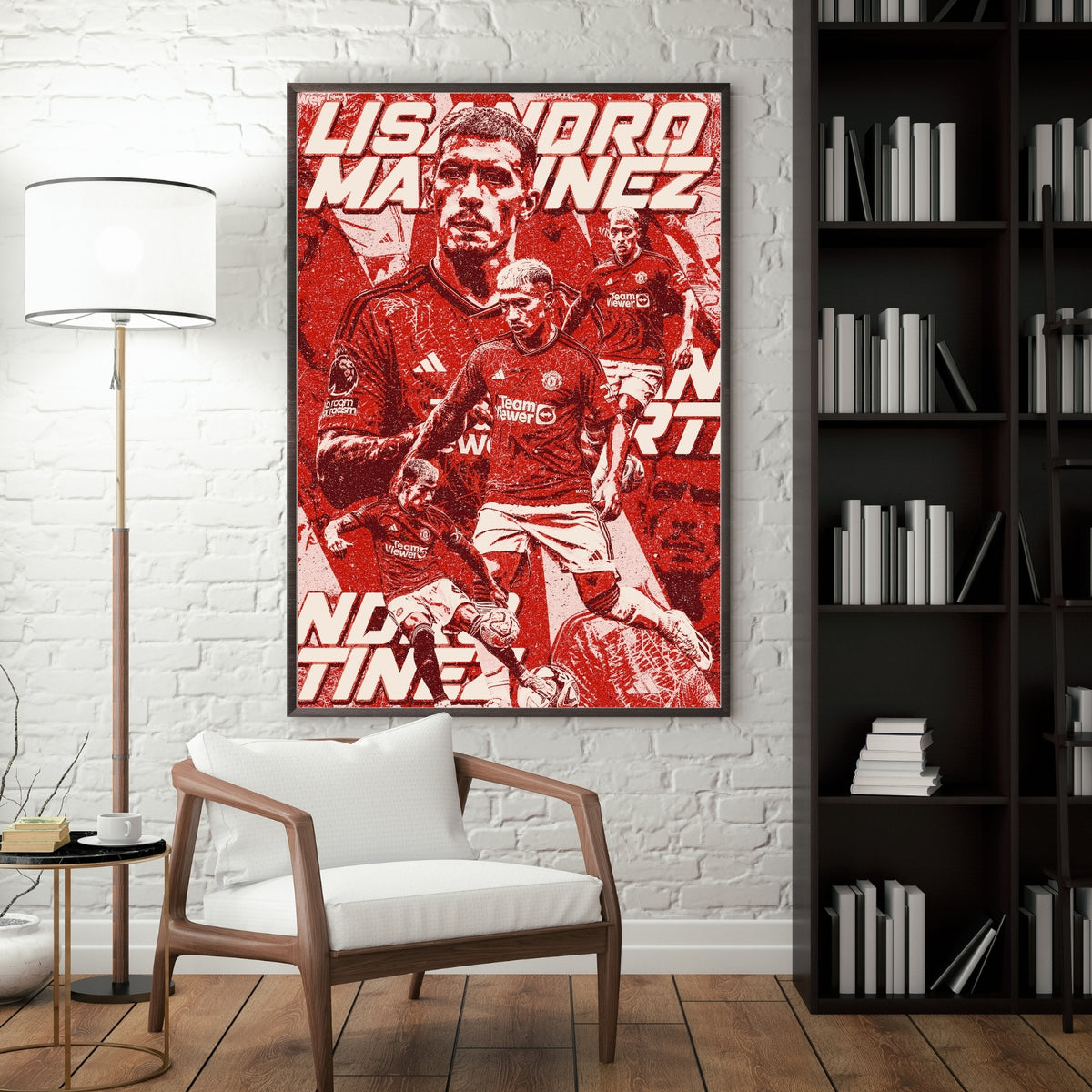 Lisandro Martinez Manchester United poster displayed in a modern interior with a dark frame
