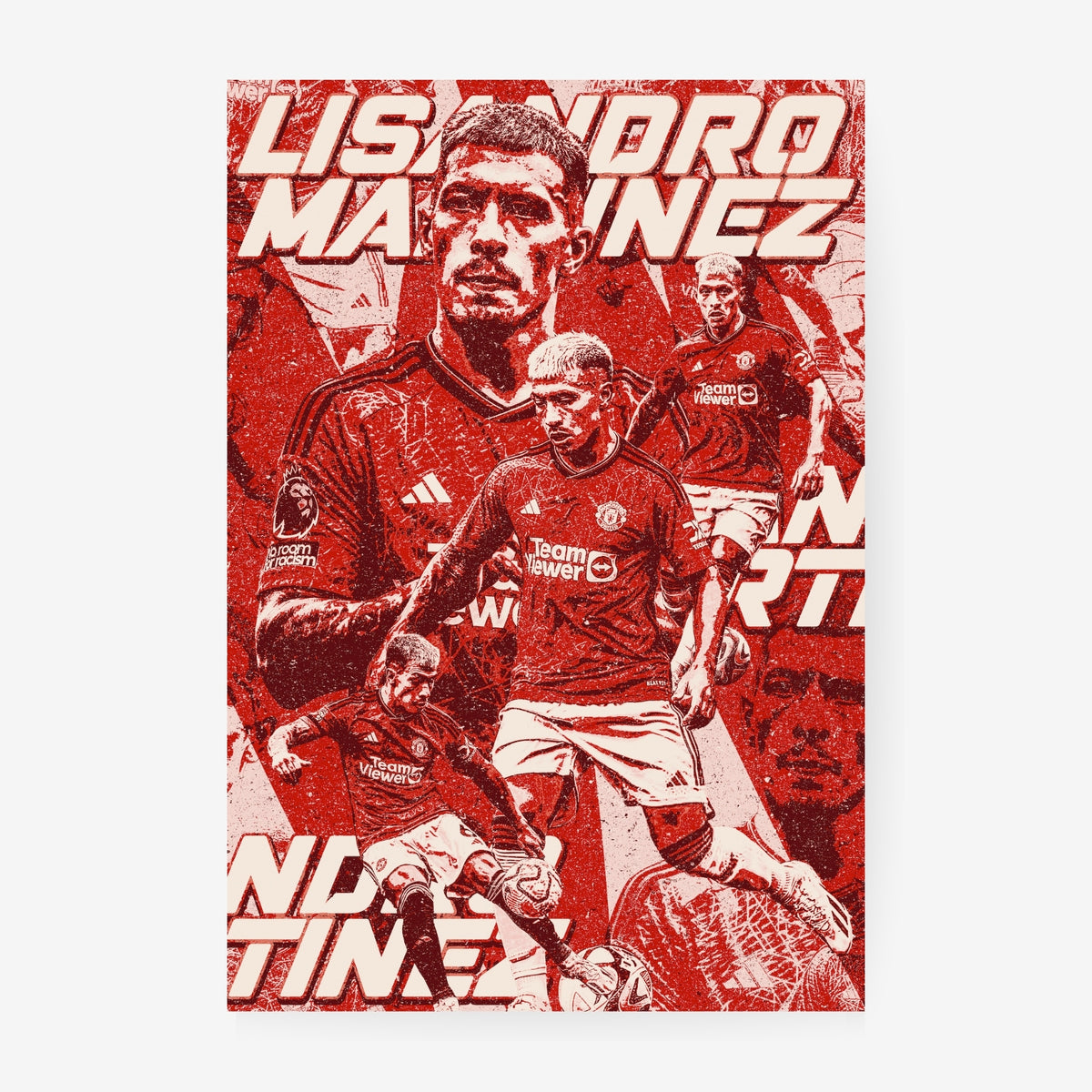 Lisandro Martinez Manchester United poster featuring the Argentine defender in a bold red football collage