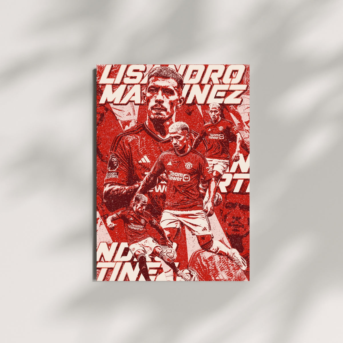 Lisandro Martinez Manchester United wall art displayed on a minimalist wall in a red graphic design