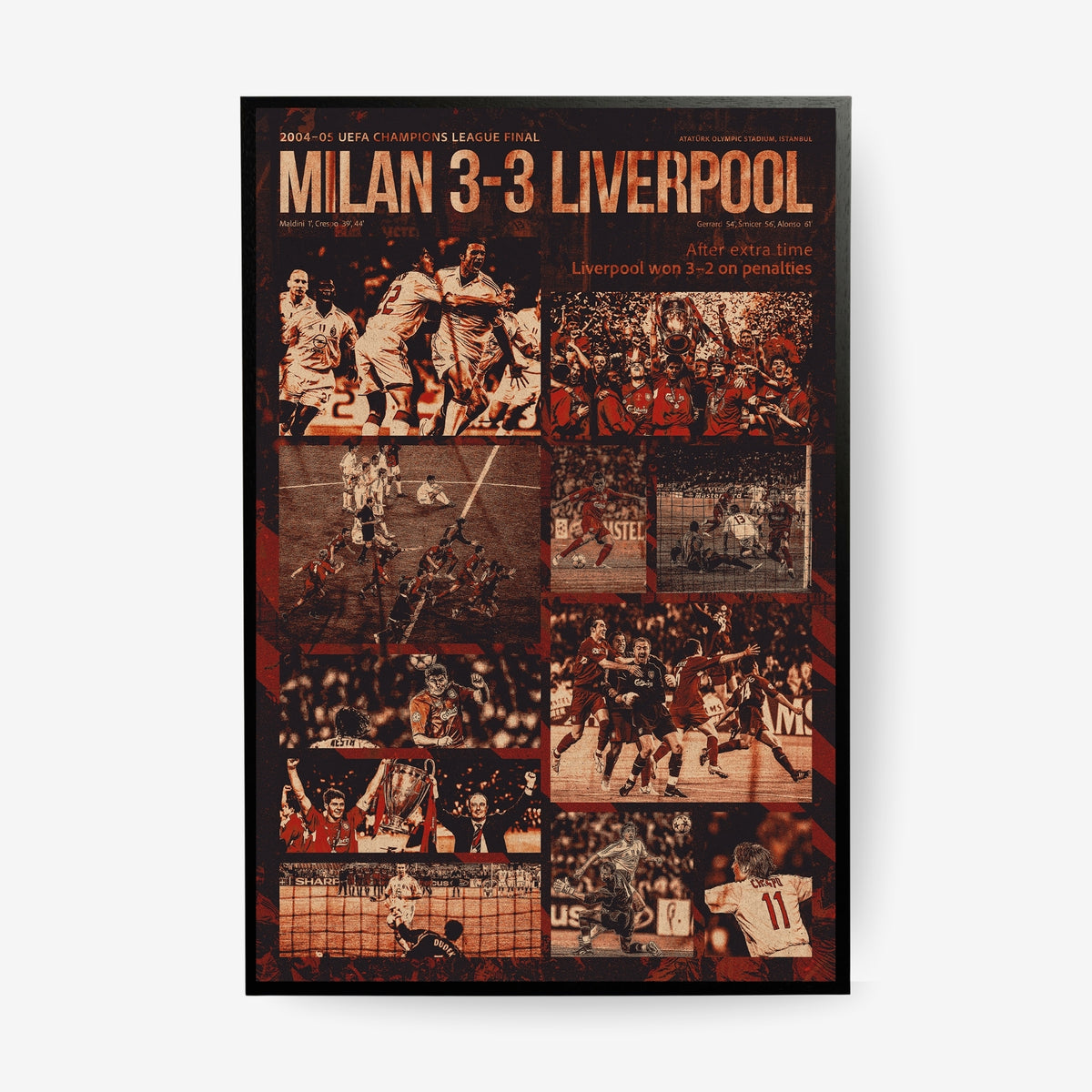 Liverpool 2005 Champions League final football poster in a black frame featuring the comeback against AC Milan
