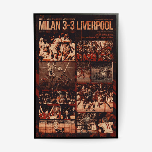 Liverpool 2005 Champions League final football poster in a black frame featuring the comeback against AC Milan