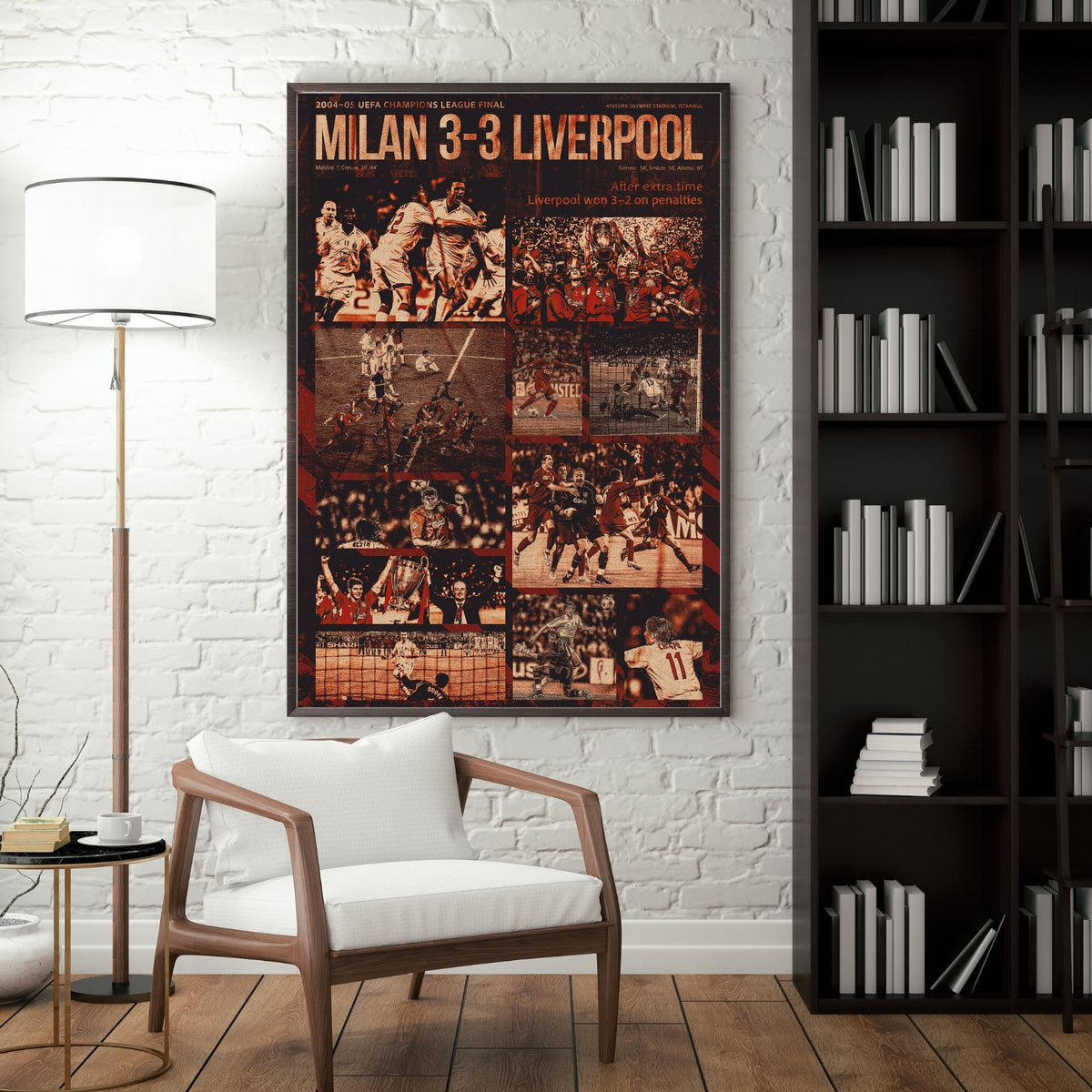 Liverpool 2005 Champions League final football poster displayed in a modern interior