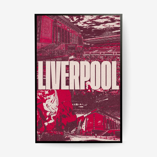 Liverpool Anfield stadium poster in a black frame featuring the Liverpool crest and iconic red stadium collage