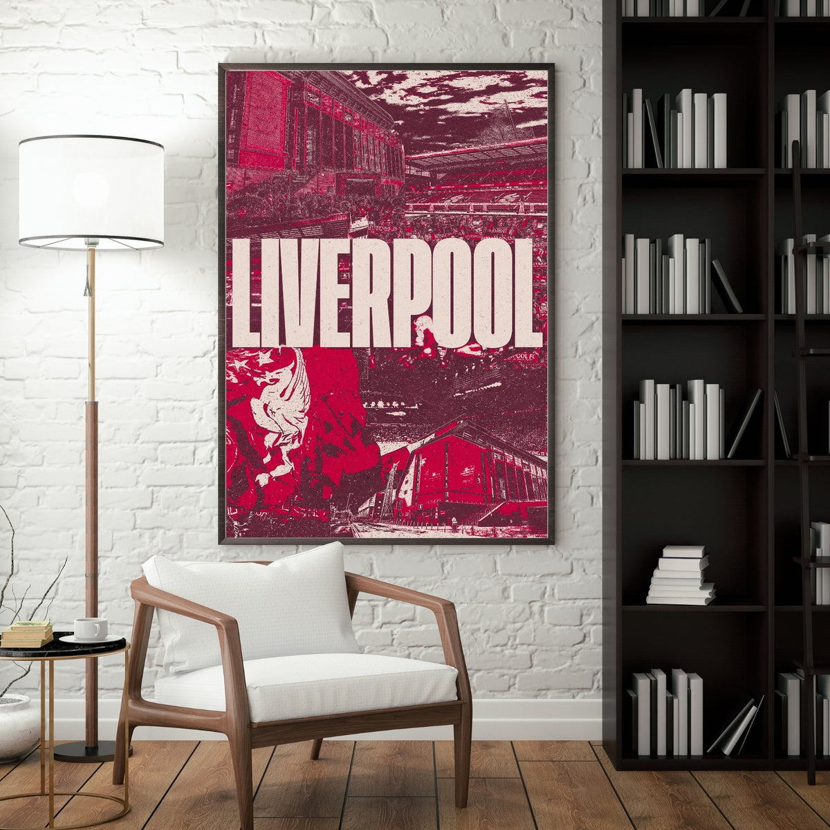 Liverpool Anfield stadium poster displayed in a modern interior with a dark frame