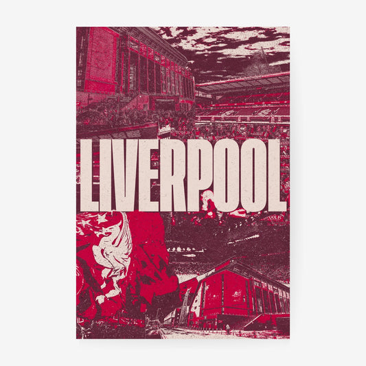Liverpool Anfield stadium poster featuring the Liverpool crest and bold red football stadium collage