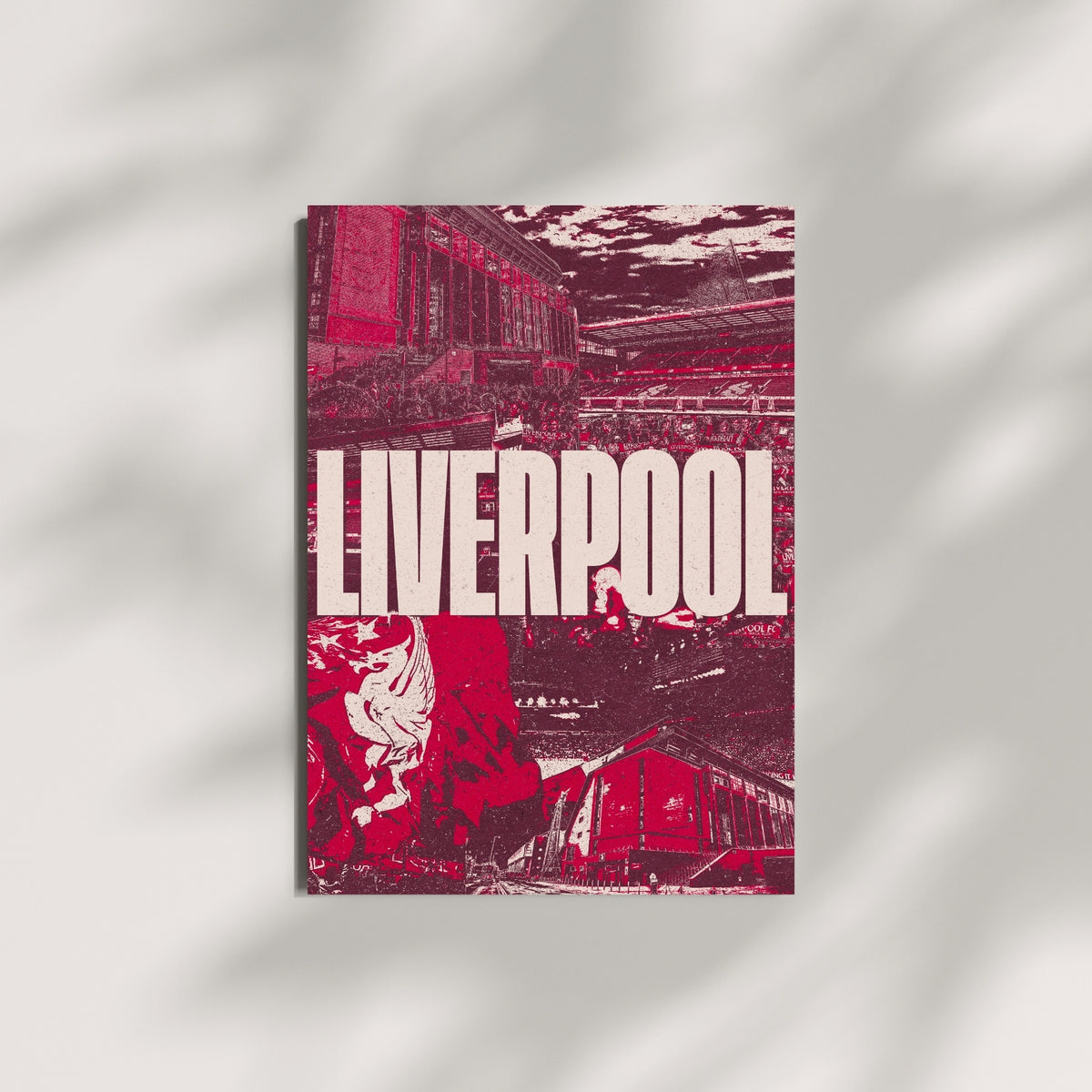 Liverpool Anfield stadium wall art displayed on a minimalist wall in a bold red design