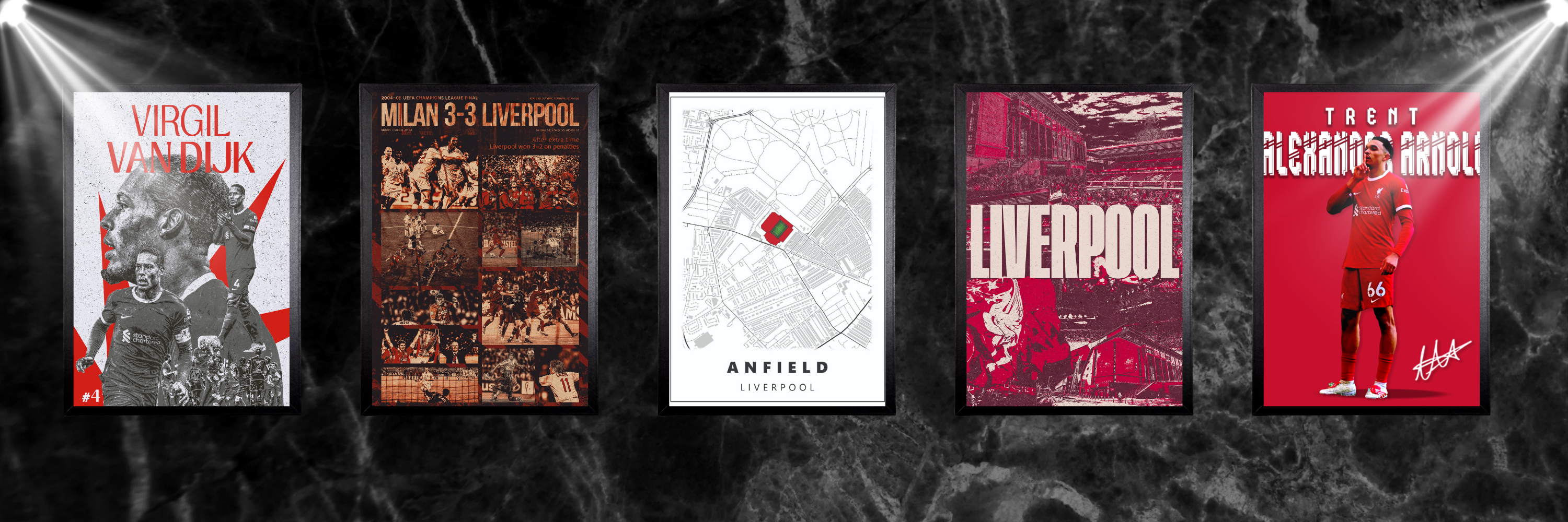 Liverpool FC poster collection featuring iconic players like Mohamed Salah, Steven Gerrard, and Virgil van Dijk