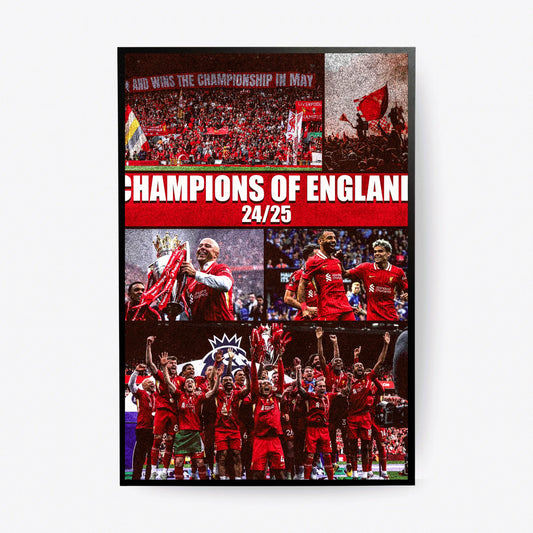 Liverpool FC Premier League Champions 2024/25 celebration poster with players lifting the trophy